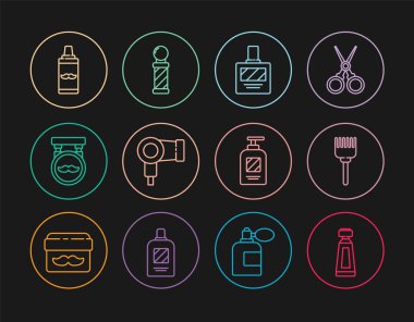 Hat kremi veya losyon kozmetik tüpü, saç fırçası, tıraş losyonu, kurutucu, berber dükkanı, tıraş jeli köpüğü, şampuan şişesi ve klasik direk ikonu. Vektör