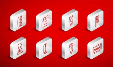 Köpüklü sabun, tıraş losyonu, krem veya losyon kozmetik tüpü, saç fırçası, elektrikli saç kesme makinesi, saç maşası, saç maşası, saç maşası ve tıraş ikonu. Vektör