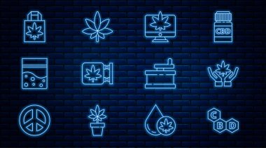 Kenevir molekülü, marihuana veya kenevir yaprağı, Monitör ve marihuana, mağaza, plastik poşet, alışveriş kağıdı, manuel öğütücü ve ikon. Vektör