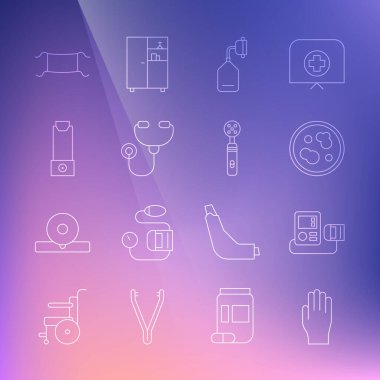 Tıbbi lastik eldiven, kan basıncı, bakteri, oksijen maskesi, stetoskop, astım spreyi, koruyucu ve elektrikli diş fırçası ikonu. Vektör