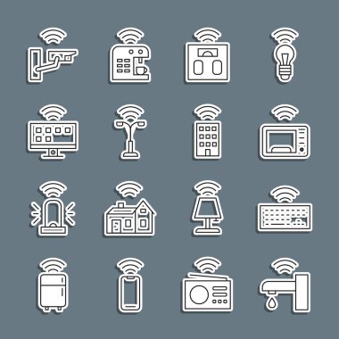 Hattı ayarlayın Akıllı su musluğu, kablosuz klavye, mikrodalga fırın, banyo terazisi, sokak lambası, TV sistemi, güvenlik kamerası ve kablosuz ikonlu ev. Vektör