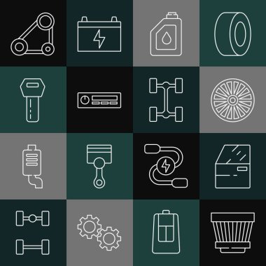 Hat araç filtresi, kapı, Alaşımlı tekerlek motor yağı için teneke kutu, ses, uzaktan kumandalı anahtar, zamanlayıcı kemer kiti ve Chassis araba ikonu. Vektör