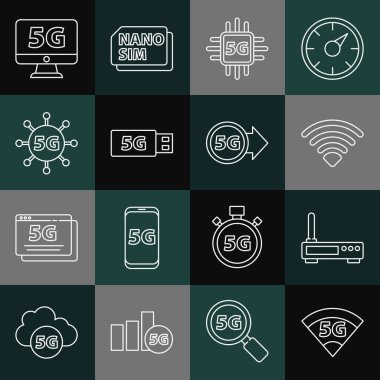 Hat 5G ağını, Router ve wi-fi sinyalini, kablosuz bağlantıyı, işlemciyi, modemi, monitörü ve simgeyi ayarla. Vektör