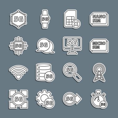 Satır Dijital hız ölçer 5G, Anten, Mikro Sim Kart, kart reddedildi, ağ, İşlemci ve simgeyle birlikte izleyici ayarlandı. Vektör