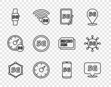 Satır 5G ağı, konum, grafiksel tablet, Dijital hız ölçer, Akıllı saat, Mobil ve simge ile ayarla. Vektör