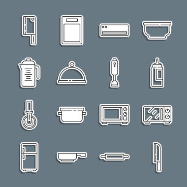 Çizgili bıçak, mikrodalga fırın, sos şişesi, klima tepsi, çaydanlık, et helikopteri ve blender ikonu ile kaplı. Vektör