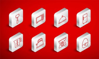 Hattı ayarla, mutfak zamanlayıcısı, mikrodalga fırın tepsi, buzdolabı, pullar, çekiç, çaydanlık sapı ve ölçü kabı ikonu ile kaplı. Vektör