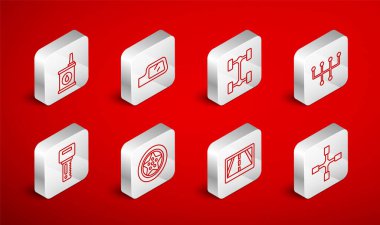 Hat anahtarı, araba aynası, Chassis arabası, vites kolu, haritalı GPS cihazı, motor yağı için teneke kutu, tekerlek ve uzaktan kumanda simgesi. Vektör