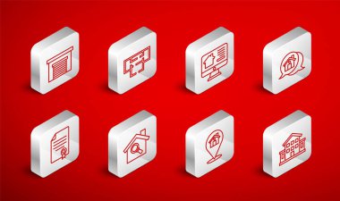 Set Evi, Plan, Çevrimiçi Emlak Evi, Gerçek Mesaj, Konum, Garaj, Arama ve Sözleşme ikonu. Vektör