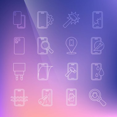 Hattı ayarla. Su geçirmez telefon, cep telefonu servisi, Hammer, telefon tamiratı, akıllı telefon ve ikon. Vektör