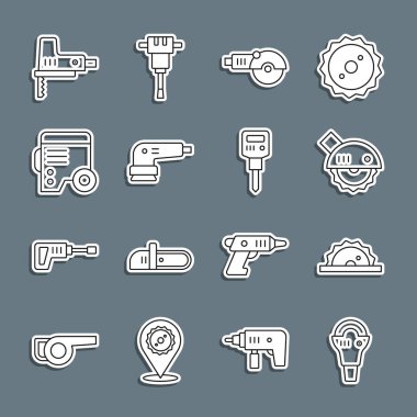 Açı öğütücü, elektrikli testere, zımpara makinesi, elektrik jeneratörü, yapboz ve inşaat matkabı ikonu. Vektör