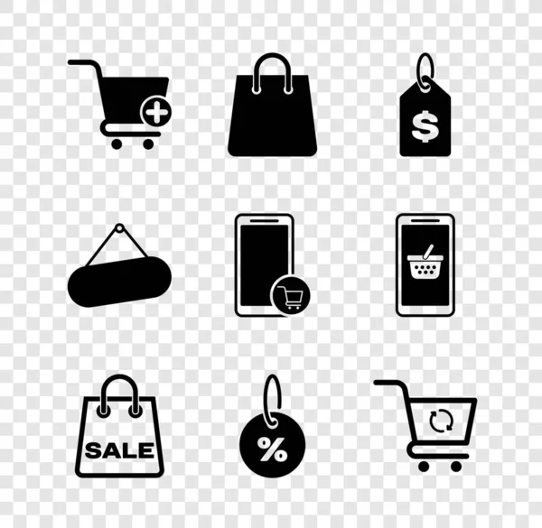 采购产品设置添加到购物车 手提包 价格标签与美元 折扣率 重新购物 标牌挂和移动图标 — 图库矢量图片