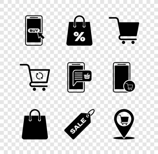 Set Mobile Shopping Cart Shopping Bag Percent Handbag Price Tag — Stock Vector