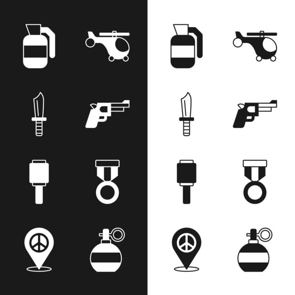 Set Pistol or gun, Military knife, Hand grenade, Helicopter, Anti-tank hand, reward medal,  and Location peace icon. Vector