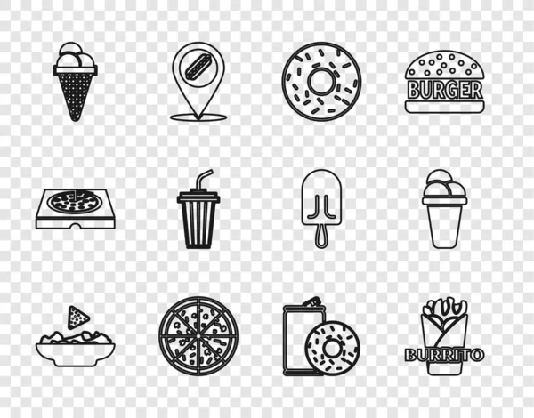 Set Line Nachos Plato Burrito Donut Pizza Cono Helado Waffle — Vector de stock