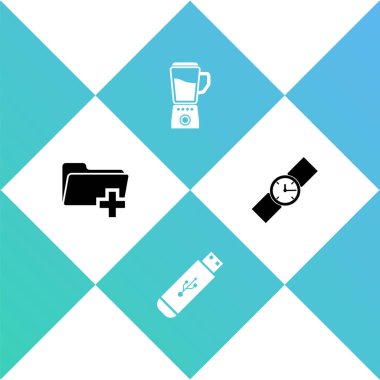 Ekle Yeni dizin, USB flash disk, Blender ve Bilek Saat simgesini ayarla. Vektör.