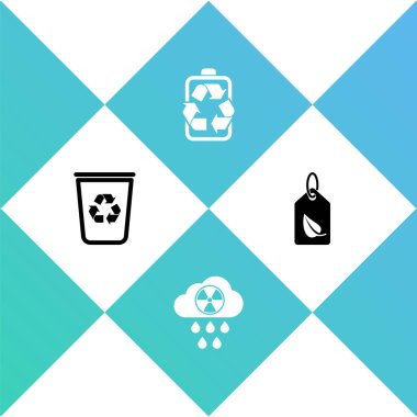 Geri dönüşüm kutusunu geri dönüşüm, asit yağmuru ve radyoaktif bulut, Batarya ve Etiket yaprak simgesi ile ayarla. Vektör.