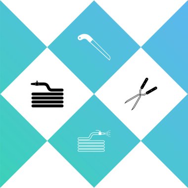 Bahçe hortumunu ya da yangın hortumunu, testereyi ve bahçe makası simgesini ayarlayın. Vektör.