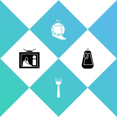 Plastik kirliliği durdurun, tek kullanımlık çatal, Dünya 'yı tutan el ve bulaşık deterjanı ikonu. Vektör.