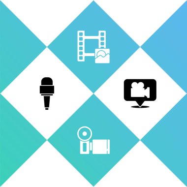 Mikrofon, sinema kamerası, Play Video ve Kamera ve konum simgesini ayarla. Vektör.