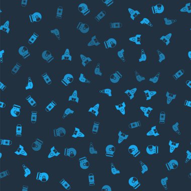 Astronot miğferi, roket gemisi, ışın tabancası ve kusursuz desen ayarlayın. Vektör