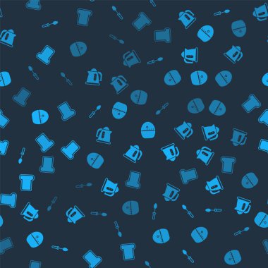 Çay kaşığı, elektrikli su ısıtıcısı, mutfak zamanlayıcısı ve ekmekli tostu kusursuz bir şablona ayarla. Vektör