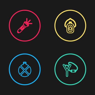 Kantin su şişesi, sapan ve el feneri ikonu ayarla. Vektör.