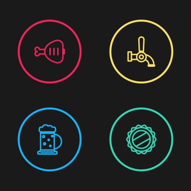 Ahşap bira kupası, şişe kapağı, bira musluğu ve tavuk budu ikonu. Vektör.