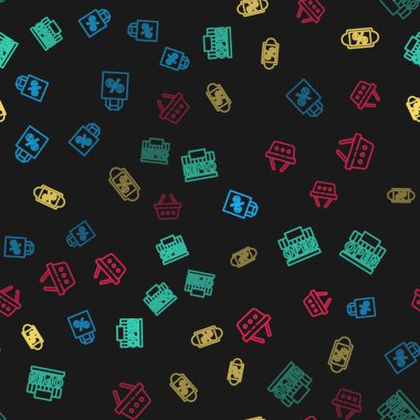 Yüzde indirimli Shoping çantası, alışveriş binası ve açık, indirimli etiket ve sepeti kusursuz desenli olarak ayarla. Vektör.