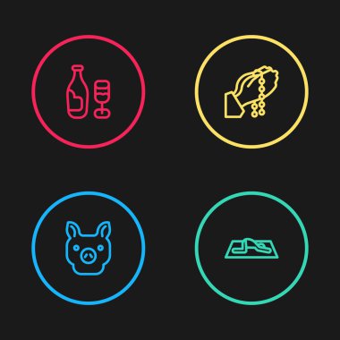 Sırayı bozma Domuz, Müslüman adam dua ediyor, dua pozisyonunda eller ve cam ikonlu şarap şişesi. Vektör