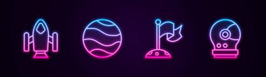 Roket gemisi, Gezegen, Ay, bayrak ve astronot miğferi. Parlayan neon ikonu. Vektör