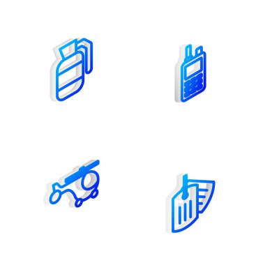 Isometric hattı telsizi, el bombası, helikopter ve askeri künye ikonunu ayarla. Vektör