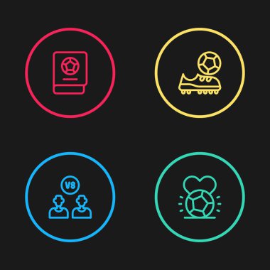 Futbol, futbol, futbol, ayakkabı ve öğrenim kitabı ikonu. Vektör