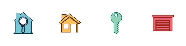 Setzen Sie Suche Haus Haus Schlüssel Und Garage Symbol Vektor — Stockvektor