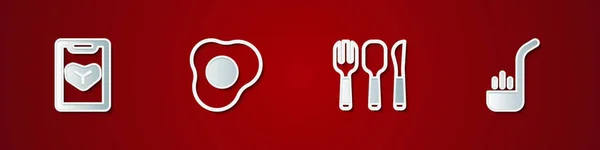 Set Restaurante Menú Cafetería Huevos Revueltos Tenedor Cuchara Cuchillo Icono — Vector de stock
