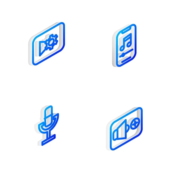 Réglez Isometric Line Lecteur Musique Paramètres Vidéo Icône Volume Microphone — Image vectorielle