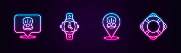 Ustaw Linię Scallop Muszli Morskiej Zegarek Nurkowy Lifebuoy Świecąca Neonowa — Wektor stockowy