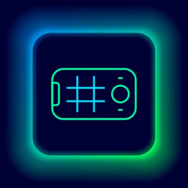 Cep telefonu simgesinde parlayan neon hattı Selfie siyah arkaplanda izole edildi. Renkli taslak konsepti. Vektör