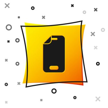 Beyaz arka planda izole edilmiş akıllı telefon simgesi için siyah cam ekran koruyucusu. Cam için koruyucu film. Cep telefonu için şeffaf yumuşak cam. Sarı kare düğme. Vektör