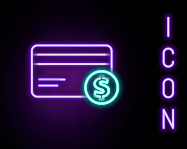 Gloeiende neon lijn Creditcard en dollar symbool pictogram geïsoleerd op zwarte achtergrond. Online betaling. Contante opname. Financiële verrichtingen. Kleurrijk concept. Vector — Stockvector