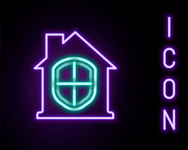 Glödande neon line hus under skydd ikon isolerad på svart bakgrund. Hem och sköld. Skydd, säkerhet, skydd, försvarskoncept. Färgstarkt skisskoncept. Vektor — Stock vektor