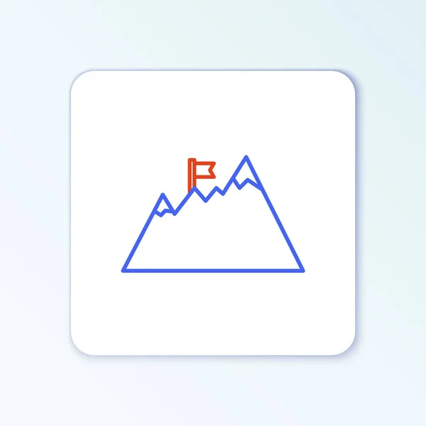 Line Mountains dengan bendera di ikon atas terisolasi dengan latar belakang putih. Simbol kemenangan atau konsep sukses. Tujuan pencapaian. Konsep garis luar berwarna. Vektor - Stok Vektor