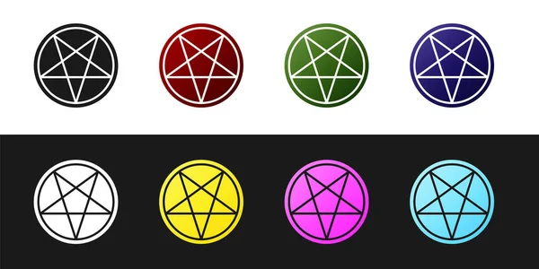 Setzen Sie Pentagramm in ein Kreissymbol isoliert auf schwarzem und weißem Hintergrund. Magisches okkultes Sternsymbol. Vektorillustration — Stockvektor