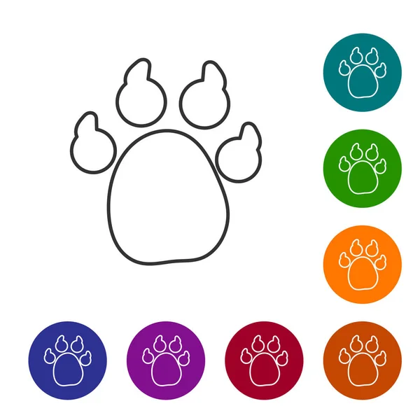 Black line Paw print icon isolated on white background. Dog or cat paw print. Animal track. Set icons in color circle buttons. Vector — Stock Vector