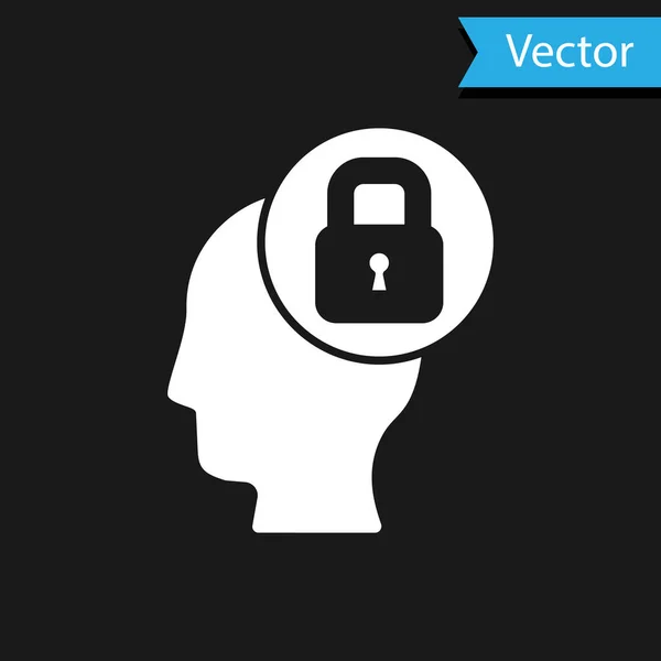 White Human head with lock icon isolated on black background. Vector — Vettoriale Stock