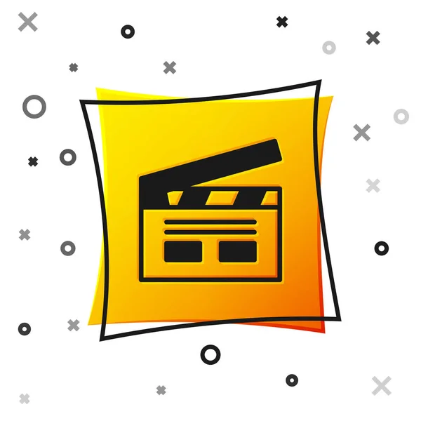 Black Bollywood indian cinema icon isolated on white background. Movie clapper. Film clapper board. Cinema production or media industry. Yellow square button. Vector — Vetor de Stock