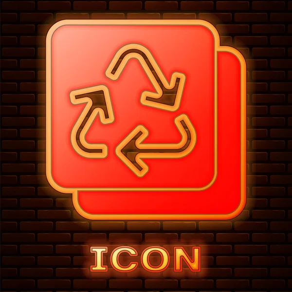 Lumineux néon Recycler icône symbole isolé sur fond de mur de briques. Icône flèche circulaire. L'environnement recyclable devient vert. Vecteur — Image vectorielle