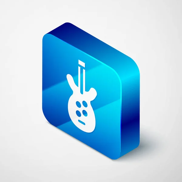 Isometric Electric bass guitar icon isolated on grey background. Blue square button. Vector — Stock Vector