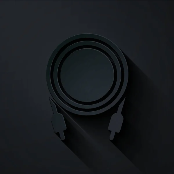 Papiergeschnittenes Audio-Buchsensymbol isoliert auf schwarzem Hintergrund. Audio-Kabel für den Anschluss von Soundanlagen. Steckdrähte. Musikinstrument. Papierkunst. Vektor — Stockvektor