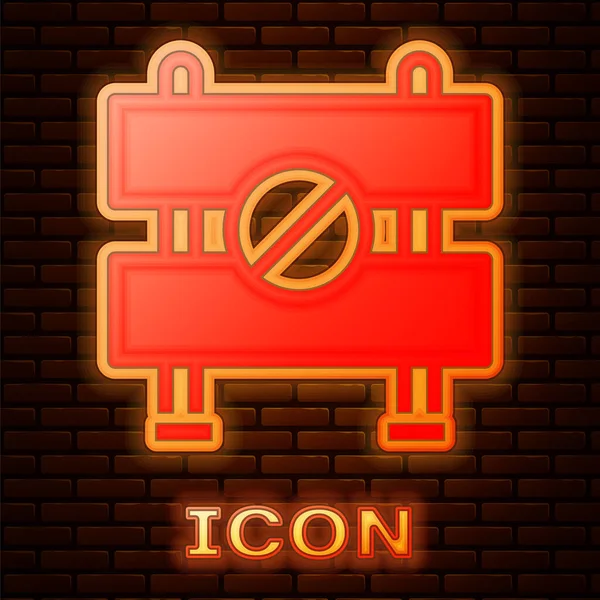 Parlayan neon bariyer simgesi tuğla duvar arkasında izole edildi. İnşaat sürecinde olan yasak bölgenin sembolü. Onarım işe yarıyor. Vektör